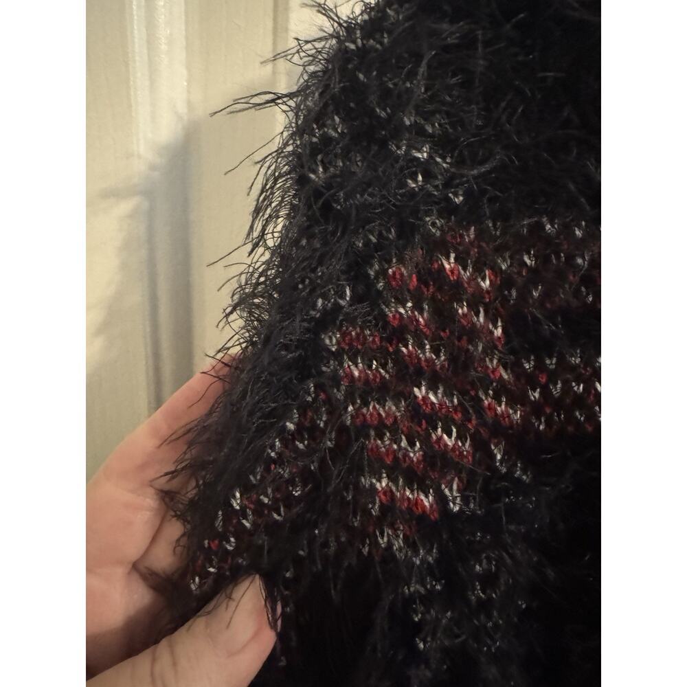 Rock & Republic Fuzzy Lash Plaid Lace Up Pullover Hoodie Sweater Black Red M - Picture 9 of 9